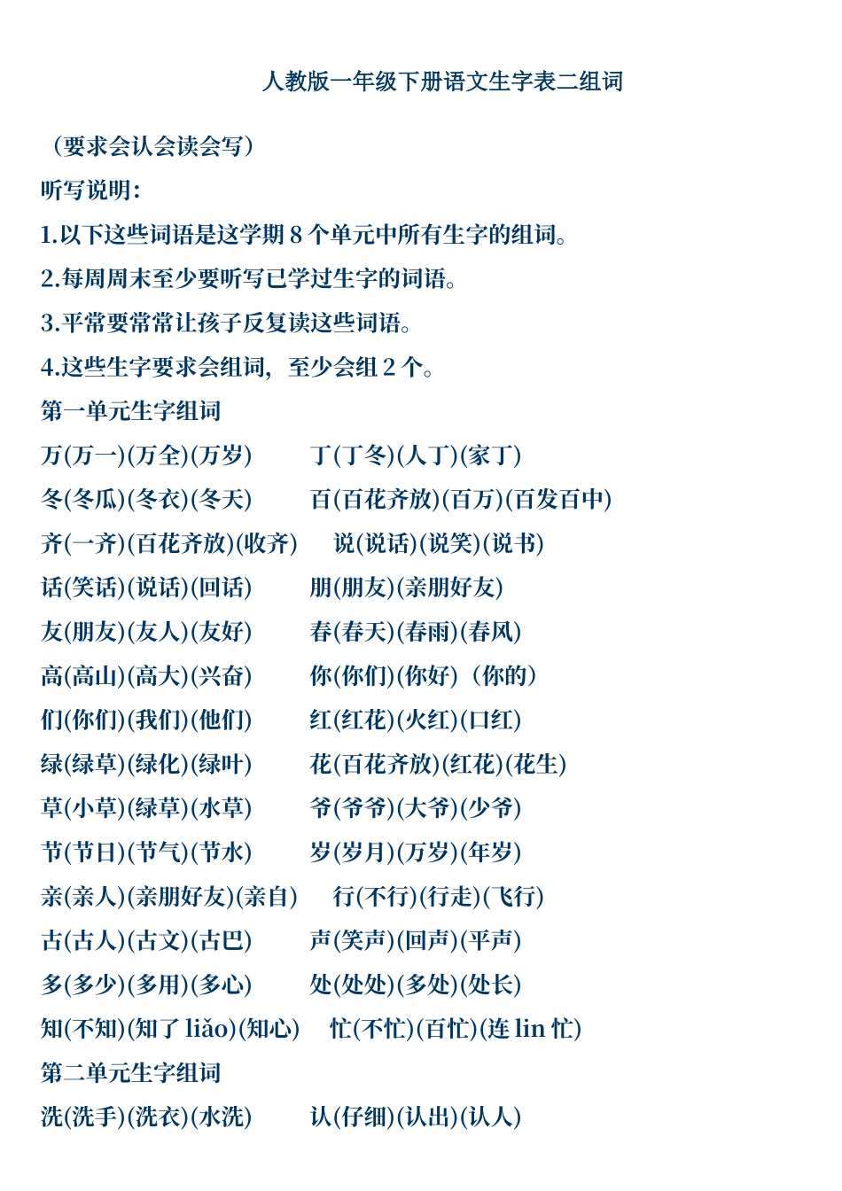 人教版一年级下册语文生字表二组词_第1页