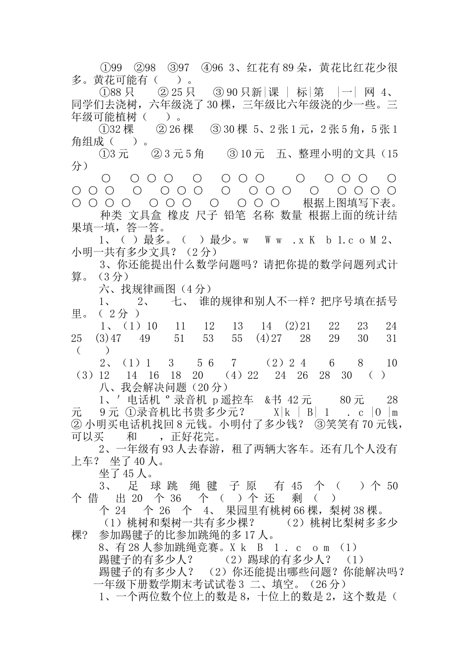 人教版一年级数学下册期末测试题14套_第3页