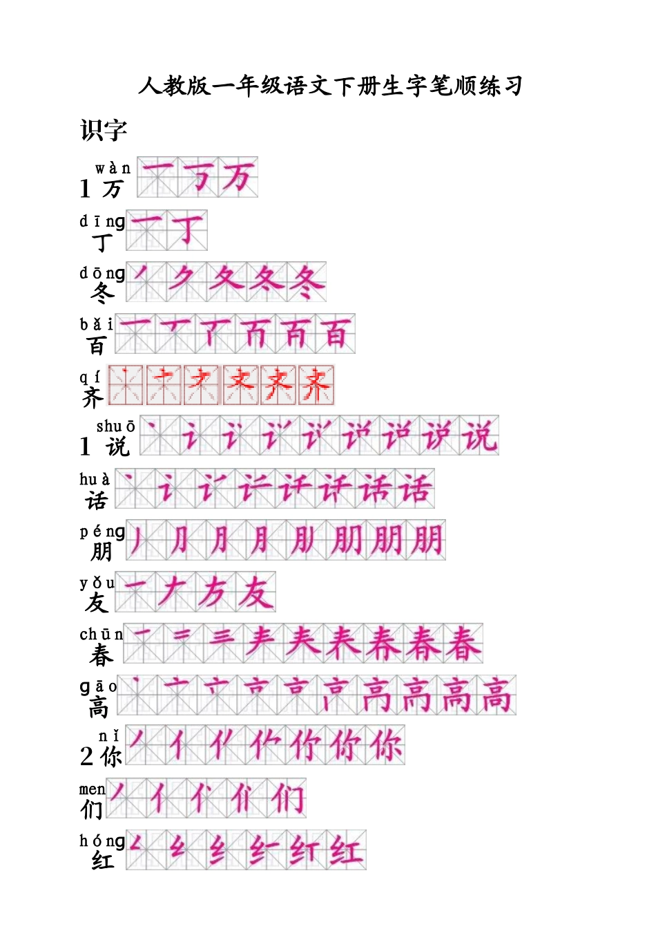 人教版一年级语文下册生字笔顺78050_第1页