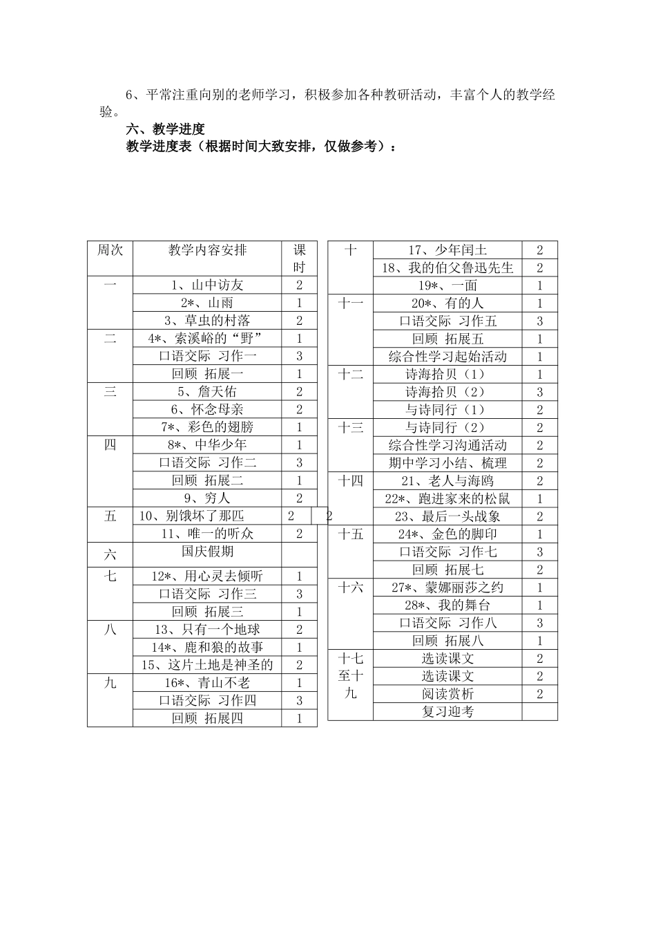 人教版六年级上册语文教学计划及进度表_第3页