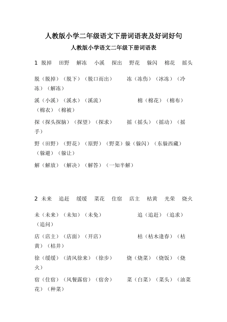 人教版小学二年级语文下册词语表及好词好句_第1页