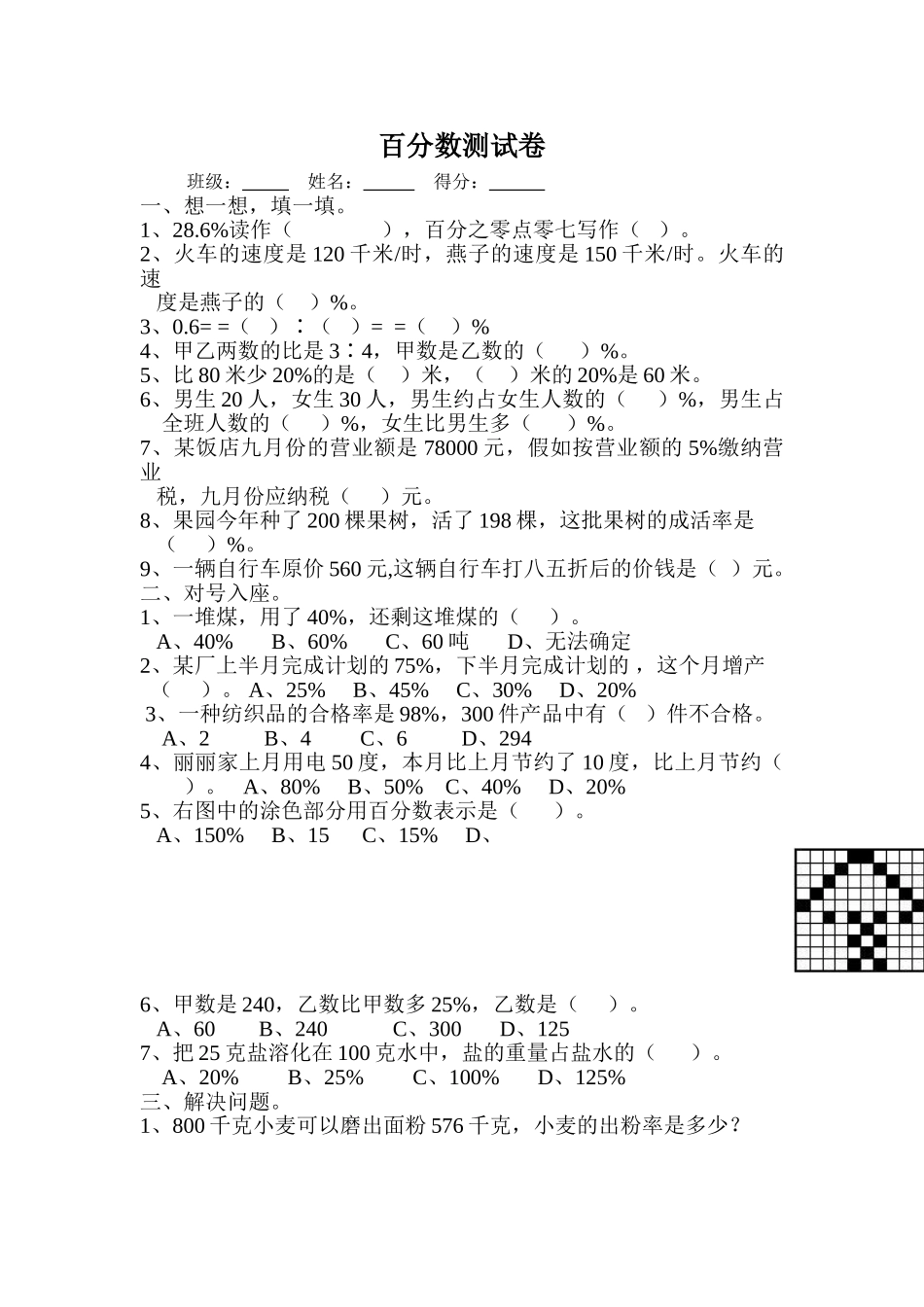 人教版小学六年级数学上册-百分数测试题_第1页