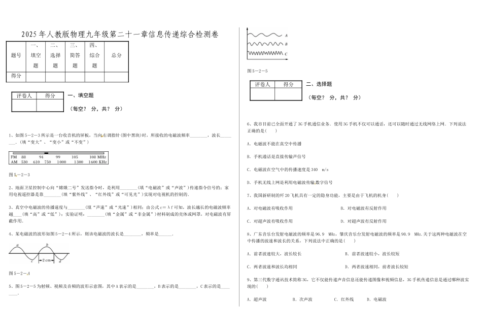 人教版物理九年级第二十一章信息传递综合检测卷_第1页