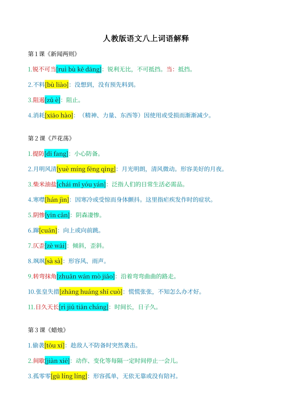 人教版语文八年级上册词语解释_第1页
