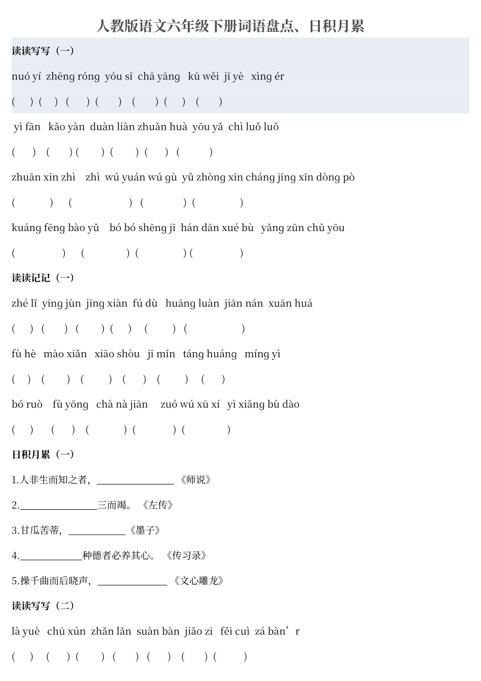 人教版语文六年级下册词语盘点带拼音及日积月累_第1页