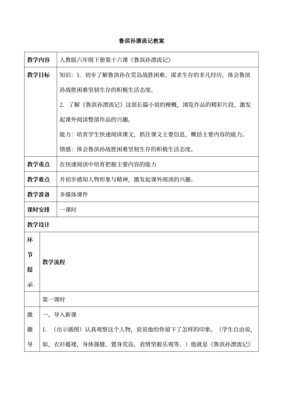 人教版语文六年级下册-鲁滨孙漂流记-教案_第1页