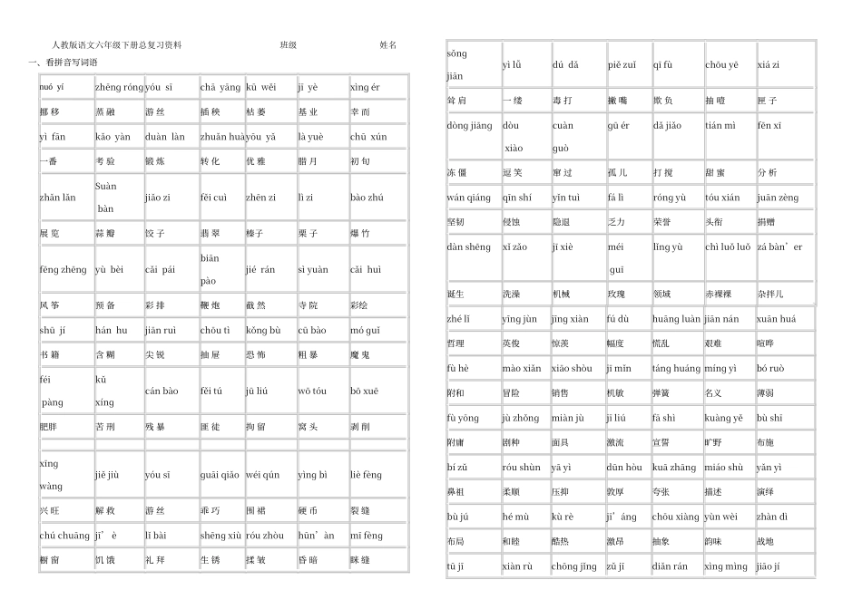 人教版语文六年级下册总复习资料_第1页