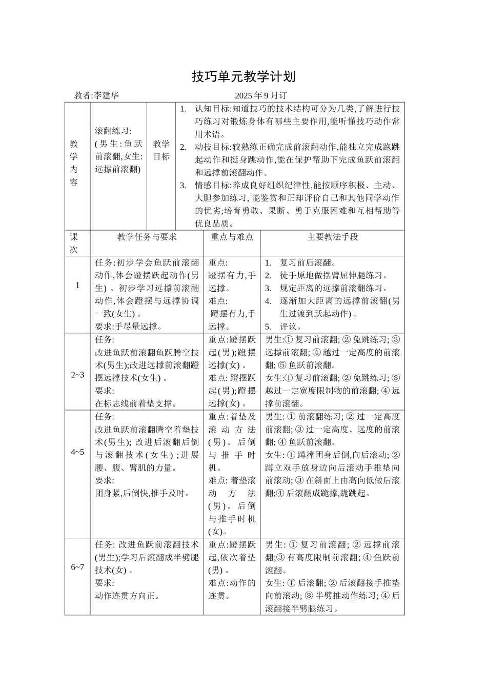 体育教案技巧单元教学计划_第1页