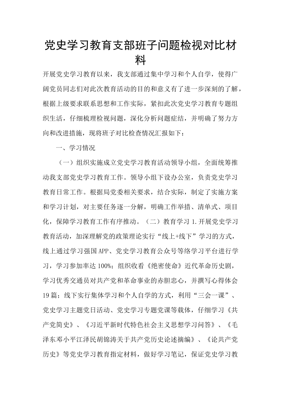 党史学习教育支部班子问题检视对照材料_第1页