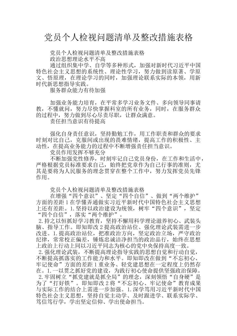 党员个人检视问题清单及整改措施表格_第1页