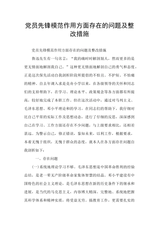 党员先锋模范作用方面存在的问题及整改措施