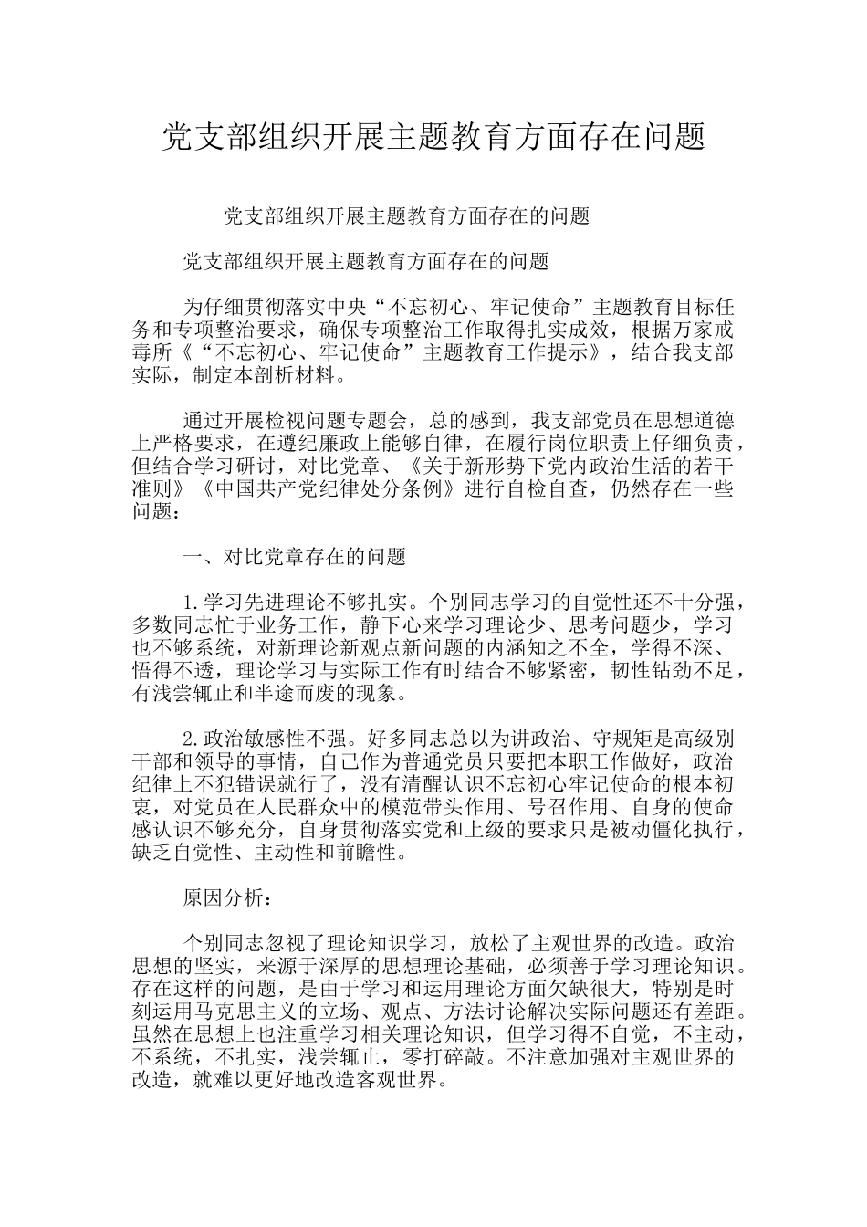 党支部组织开展主题教育方面存在问题_第1页