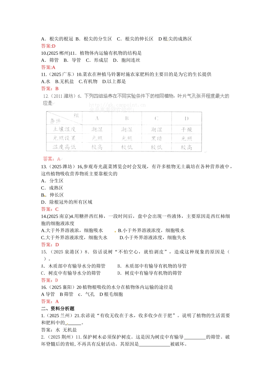 全国各地中考生物试题分类汇编—植物的生长_第2页