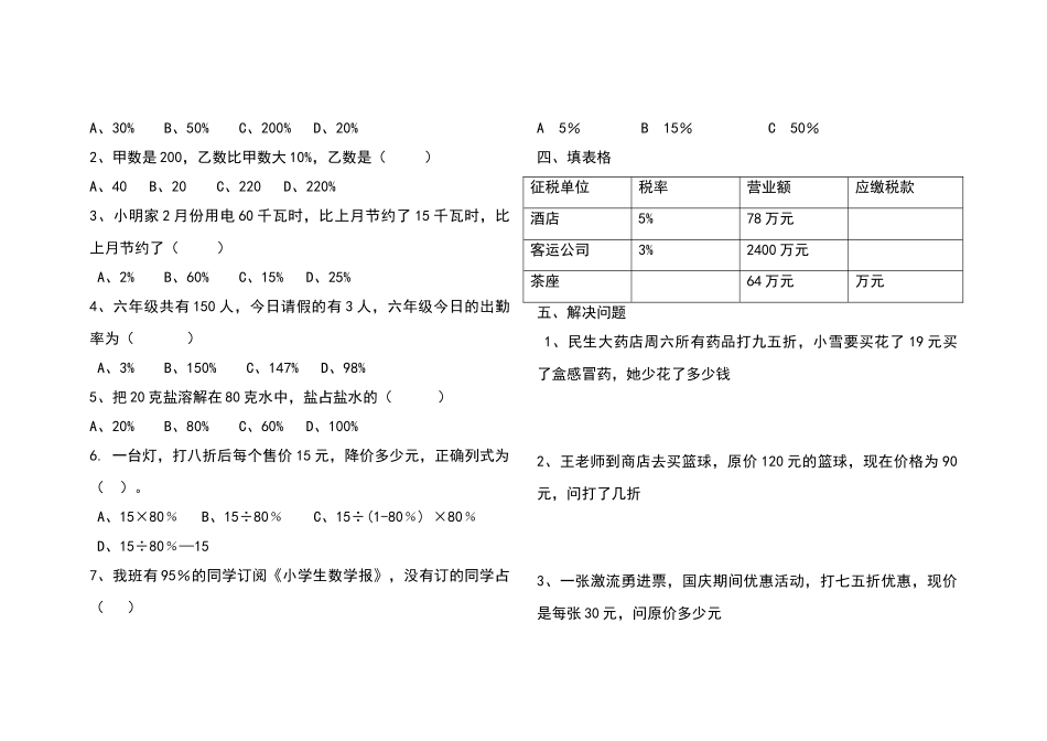 六年级下册数学第二单元百分数练习题_第2页