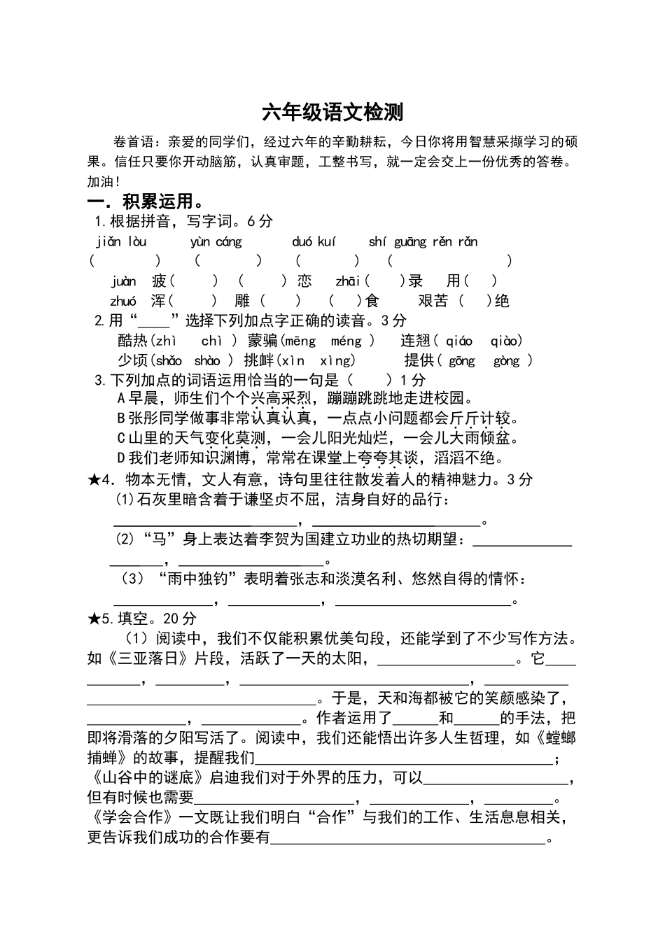 六年级小升初语文试题_第1页