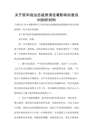 关于筑牢政治忠诚肃清流毒影响自查自纠剖析材料