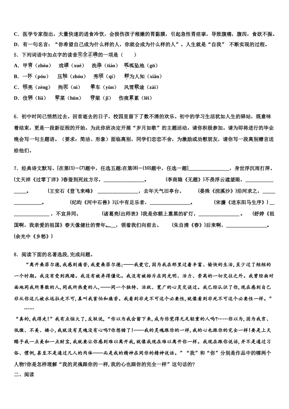 内蒙古呼和浩特市重点中学毕业升学考试模拟卷语文卷含解析_第2页