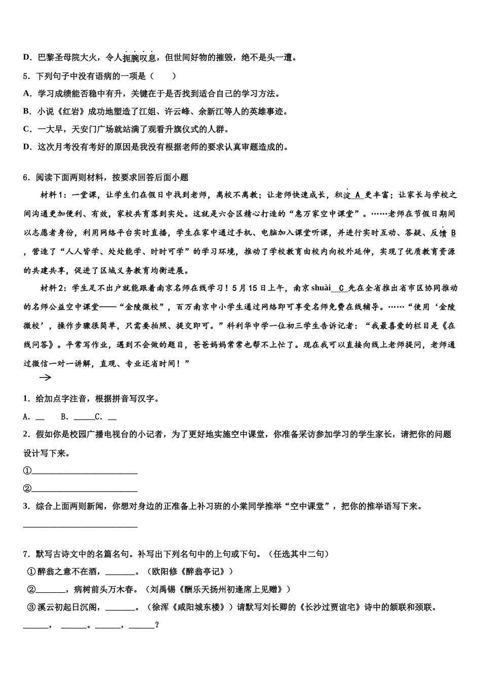 内蒙古鄂尔多斯市鄂托克旗中考语文模拟精编试卷含解析_第2页