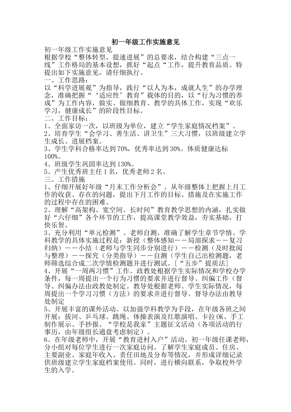 初一年级工作实施意见_第1页