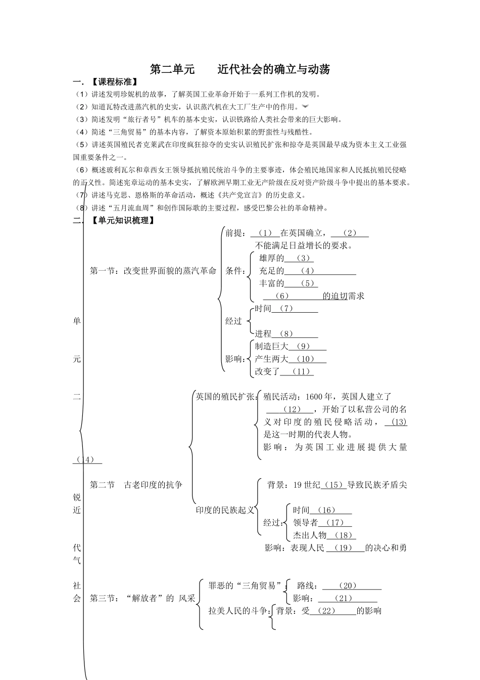 初三历史教学案第二单元-近代社会的确立与动荡_第1页