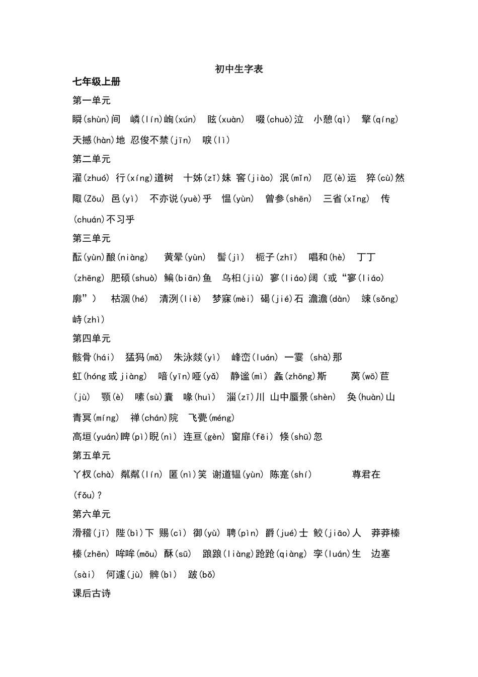 初中全册生字表_第1页