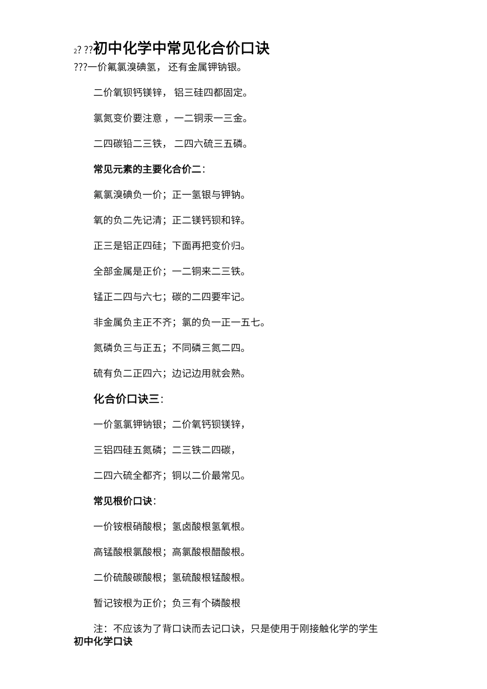 初中化学中常见化合价口诀_第1页