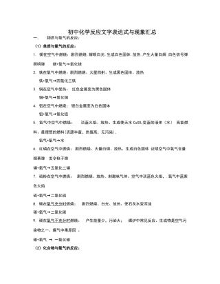 初中化学反应文字表达式与现象汇总