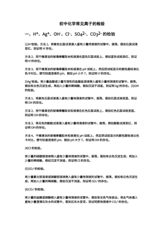 初中化学常见离子的检验