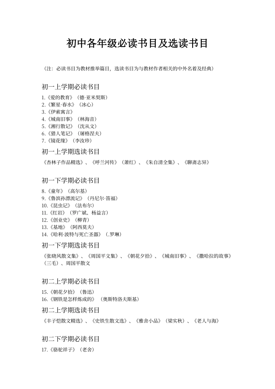 初中各年级必读书目及选读书目_第1页