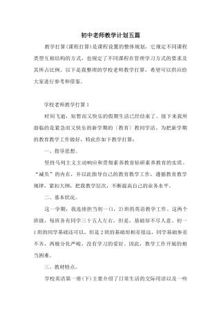 初中教师教学计划五篇