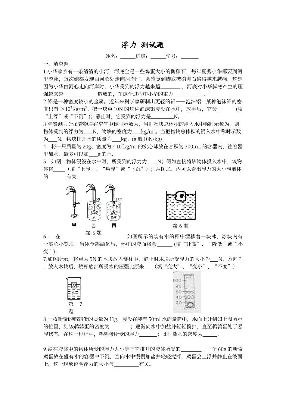 初中物理浮力测试题及答案_第1页
