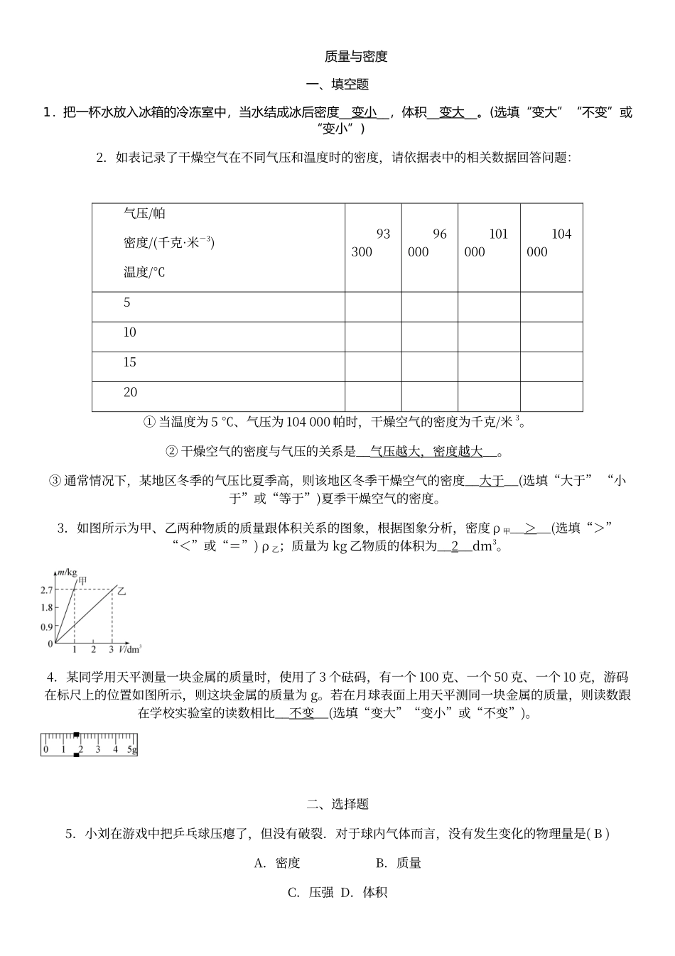初中物理质量和密度中考精选试题含答案_第1页