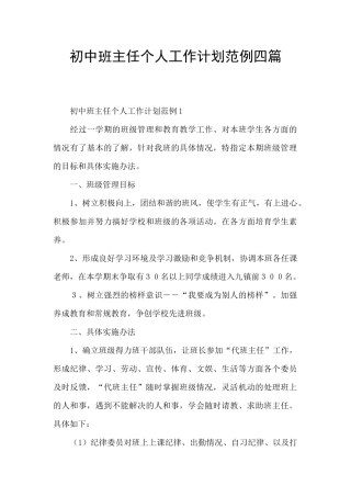 初中班主任个人工作计划范例四篇