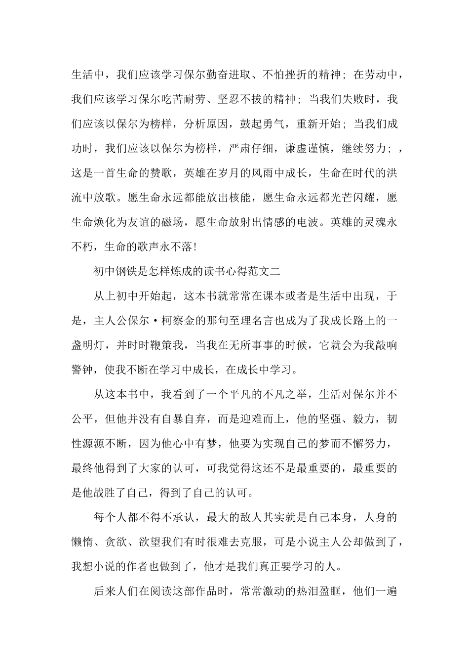 初中钢铁是怎样炼成的读书心得五篇_第2页