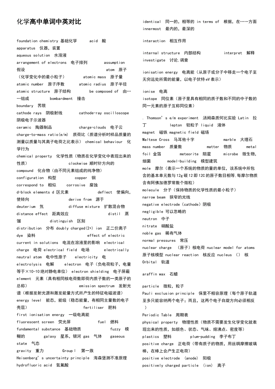 化学高中单词中英对照_第1页