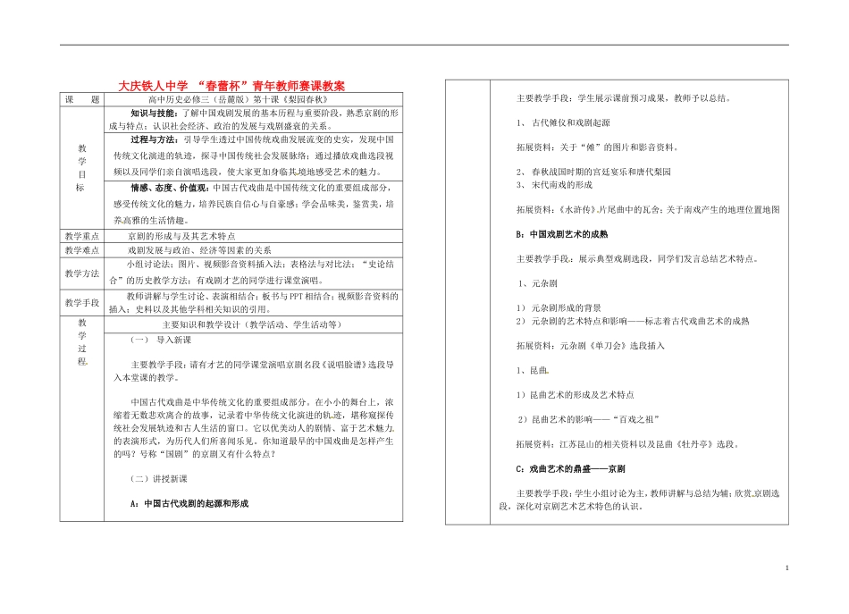 黑龙江省大庆铁人中学2014年高中历史 第10课 梨园春秋春蕾杯青年教师赛教案 岳麓版必修3_第1页