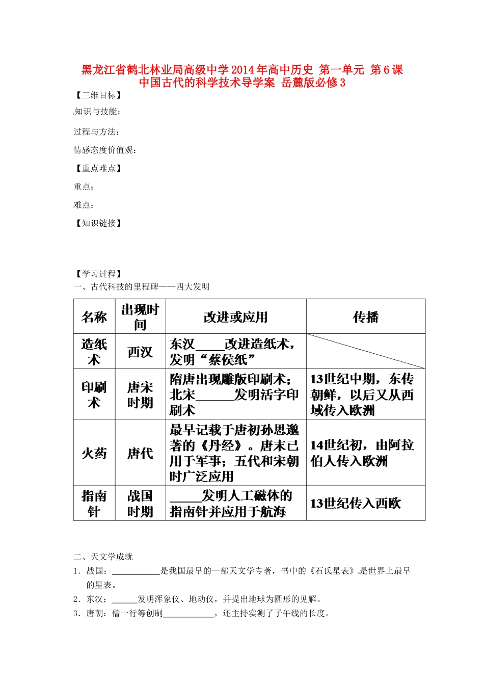 黑龙江省鹤北林业局高级中学2014年高中历史 第一单元 第6课 中国古代的科学技术导学案 岳麓版必修3_第1页