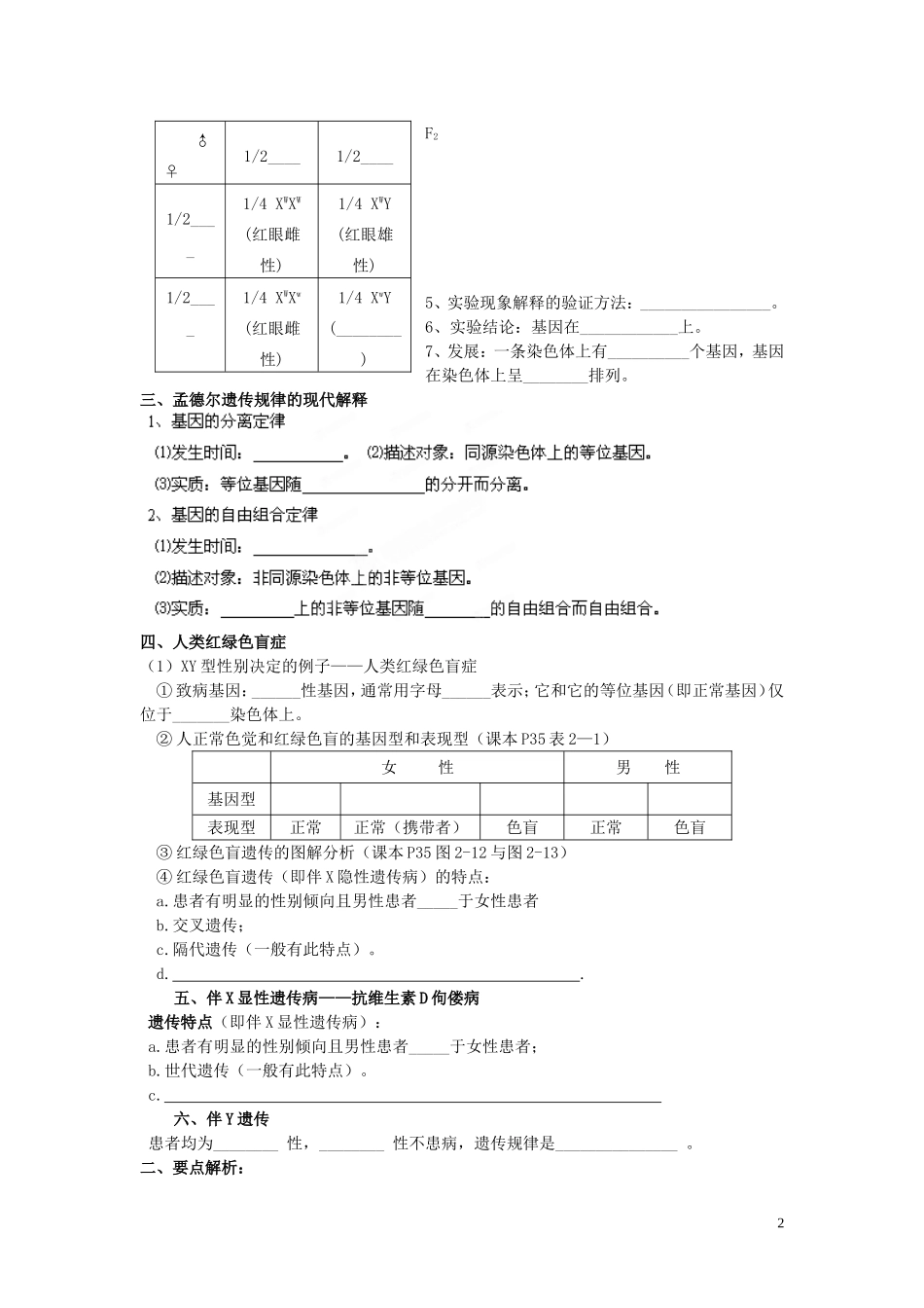 黑龙江省鹤北林业局高级中学2014年高中生物 2.2-2.3 基因在染色体上 伴性遗传学案 新人教版必修2_第2页