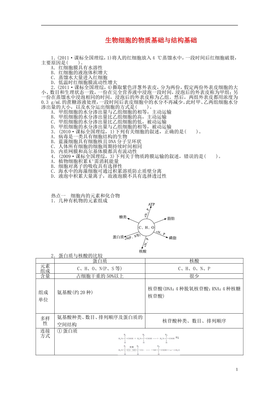 黑龙江省大庆一中2012届高考生物二轮复习 生物细胞的物质基础与结构基础学案_第1页