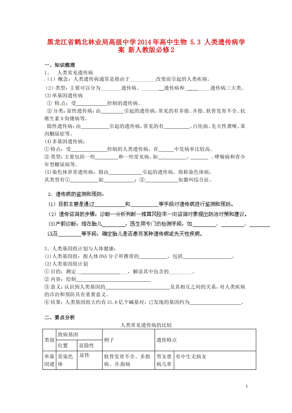 黑龙江省鹤北林业局高级中学2014年高中生物 5.3 人类遗传病学案 新人教版必修2_第1页