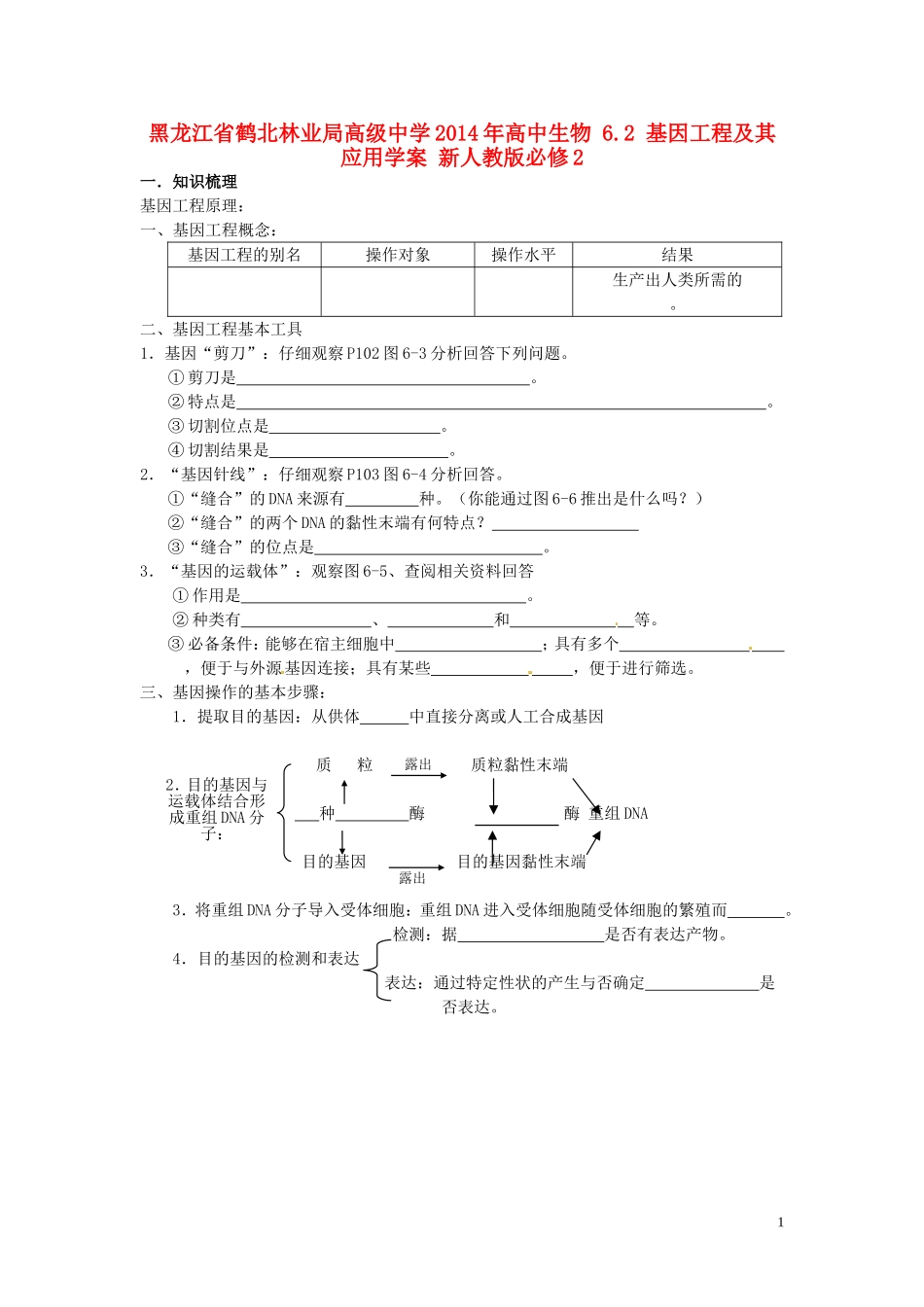 黑龙江省鹤北林业局高级中学2014年高中生物 6.2 基因工程及其应用学案 新人教版必修2_第1页