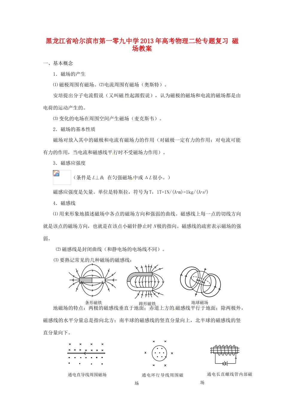 黑龙江省哈尔滨市第一零九中学2013年高考物理二轮专题复习 磁场教案_第1页
