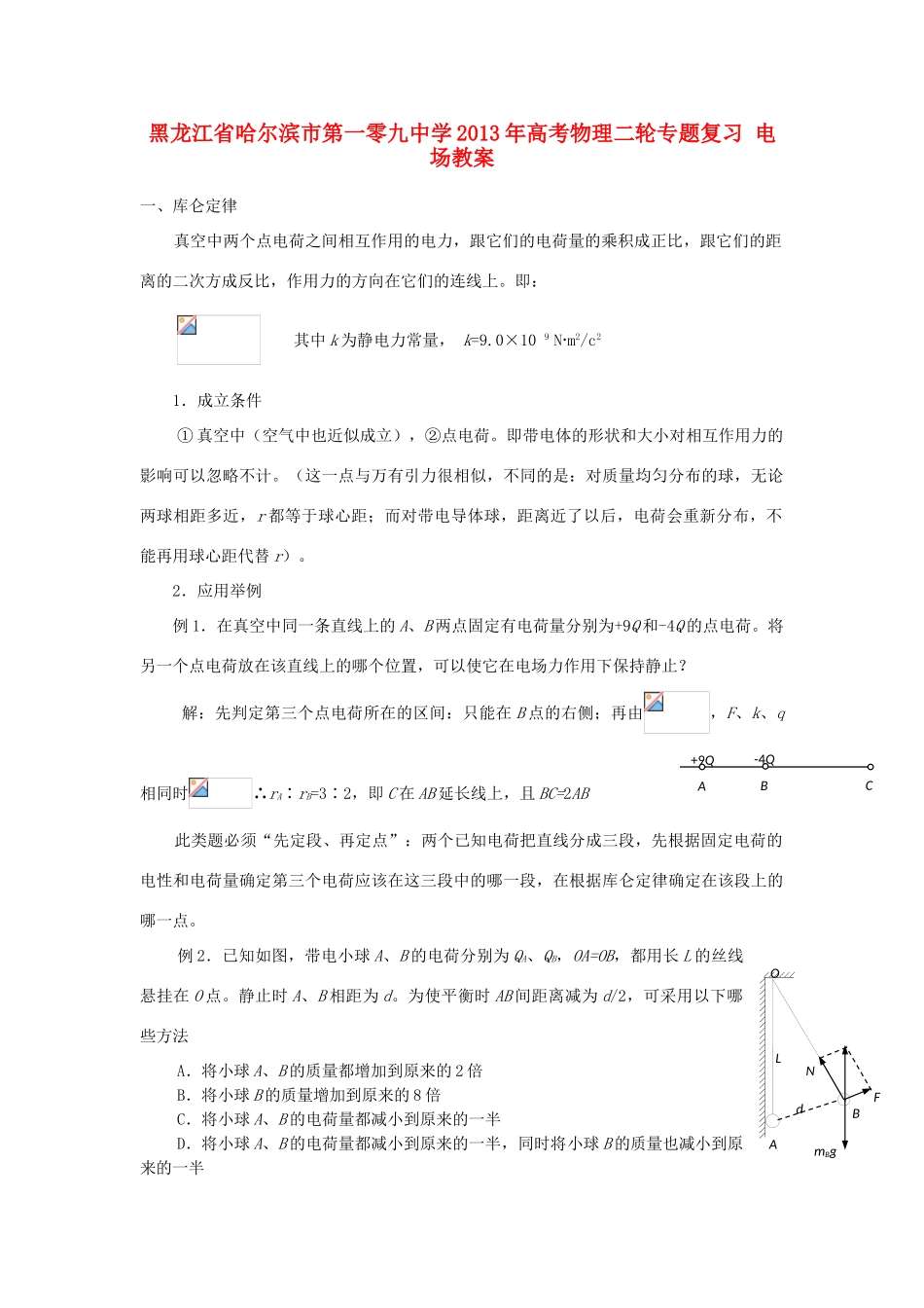 黑龙江省哈尔滨市第一零九中学2013年高考物理二轮专题复习 电场教案_第1页