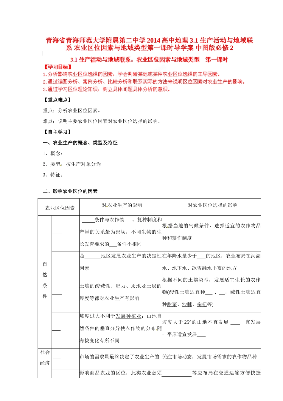 青海省青海师范大学附属第二中学2014高中地理 3.1 生产活动与地域联系 农业区位因素与地域类型第一课时导学案 中图版必修2_第1页