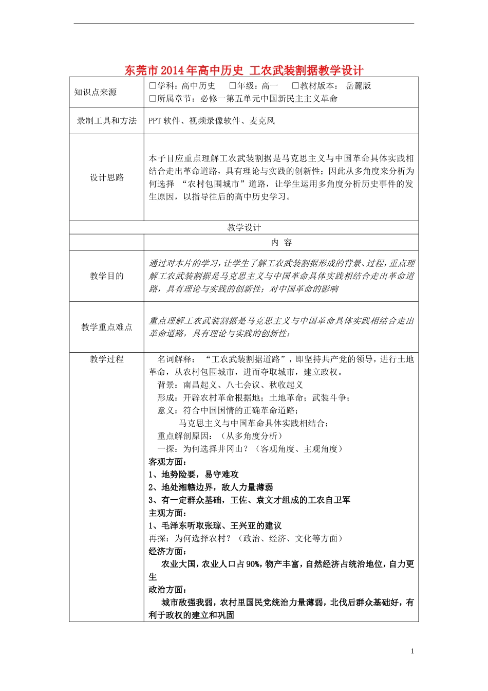 东莞市2014年高中历史 工农武装割据教学设计_第1页