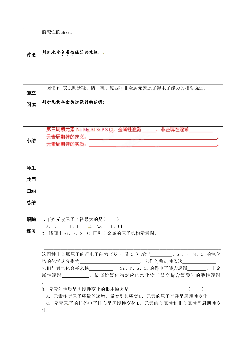 青海省青海师范大学附属第二中学2014高中化学 元素周期律第二课时导学案 新人教版必修2_第2页