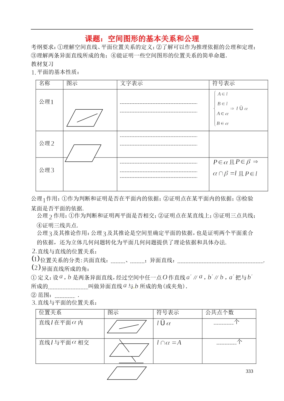 陕西省西安市昆仑中学2014届高考数学一轮复习讲义 第46课时 空间图形的基本关系和公理 理_第1页