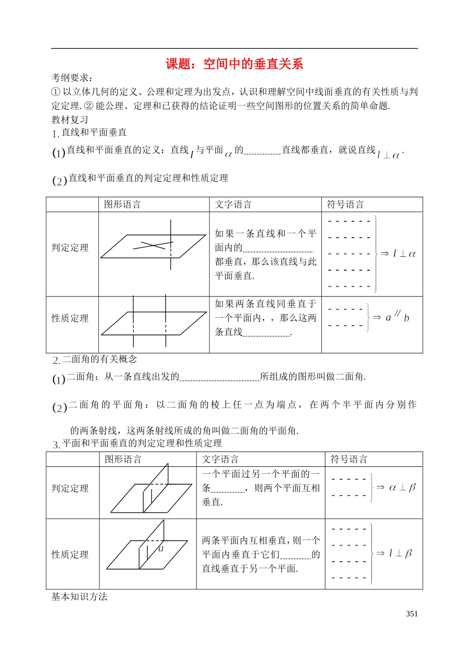 陕西省西安市昆仑中学2014届高考数学一轮复习讲义 第48课时 空间中的垂直关系 理_第1页