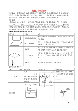 陕西省西安市昆仑中学2014届高考数学一轮复习讲义 第70课时 算法初步 理