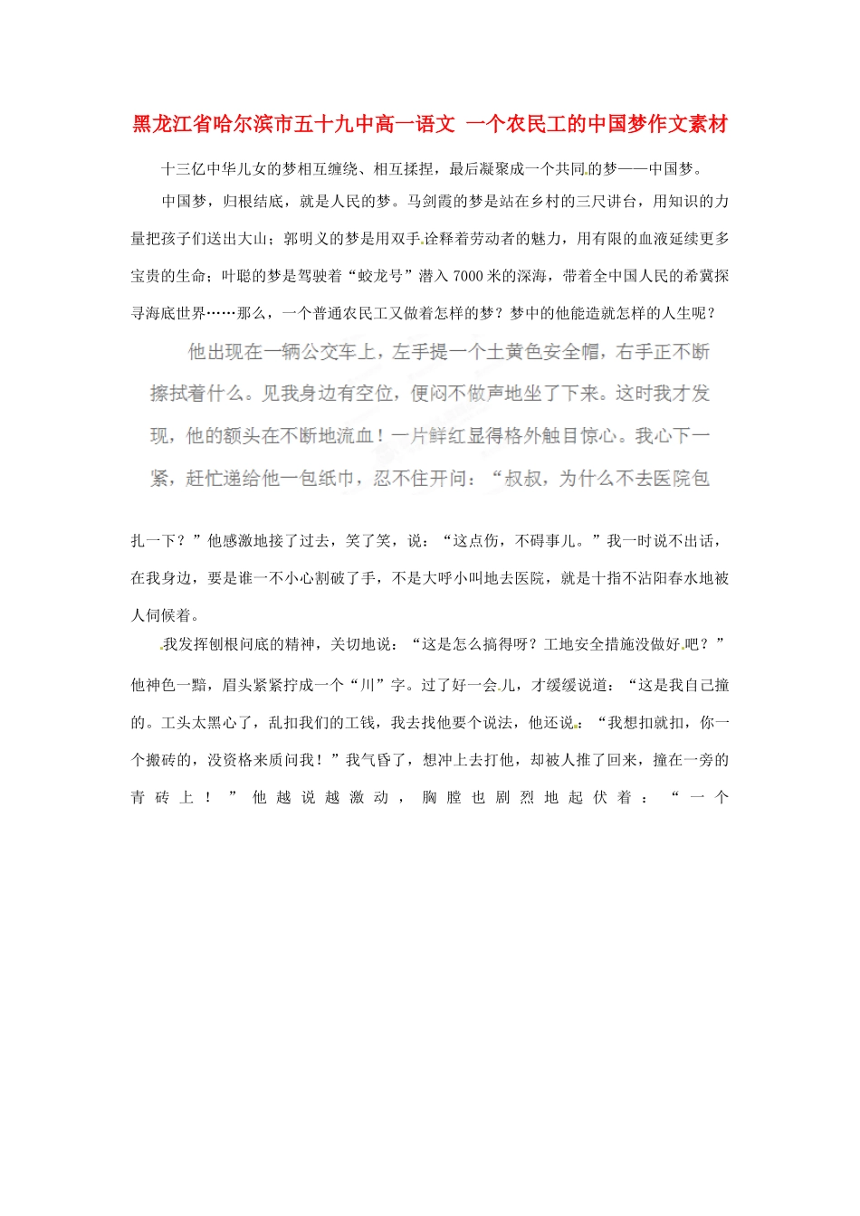 黑龙江省哈尔滨市五十九中高一语文 一个农民工的中国梦作文素材_第1页